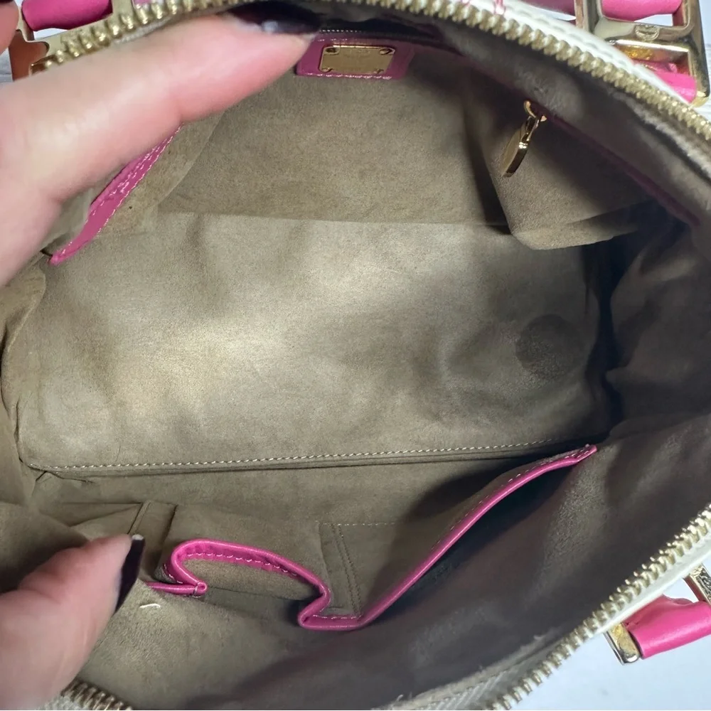 Vintage MCM White and Pink Visetos Leather Lion Boston Bag.